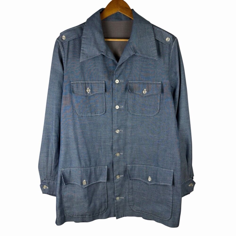 Vintage 60 70s Unbranded Chambray Denim 4 Pocket Chore Coat Jacket Jean Work